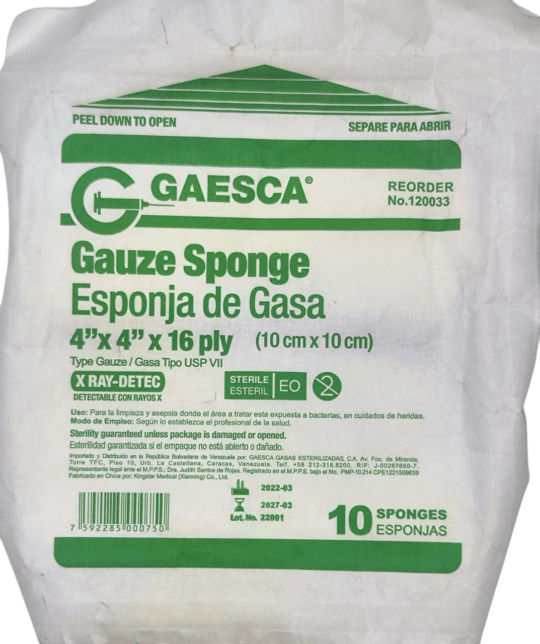 GASA ESTERIL 4 X 4 X 16PLY 10CM 10CM