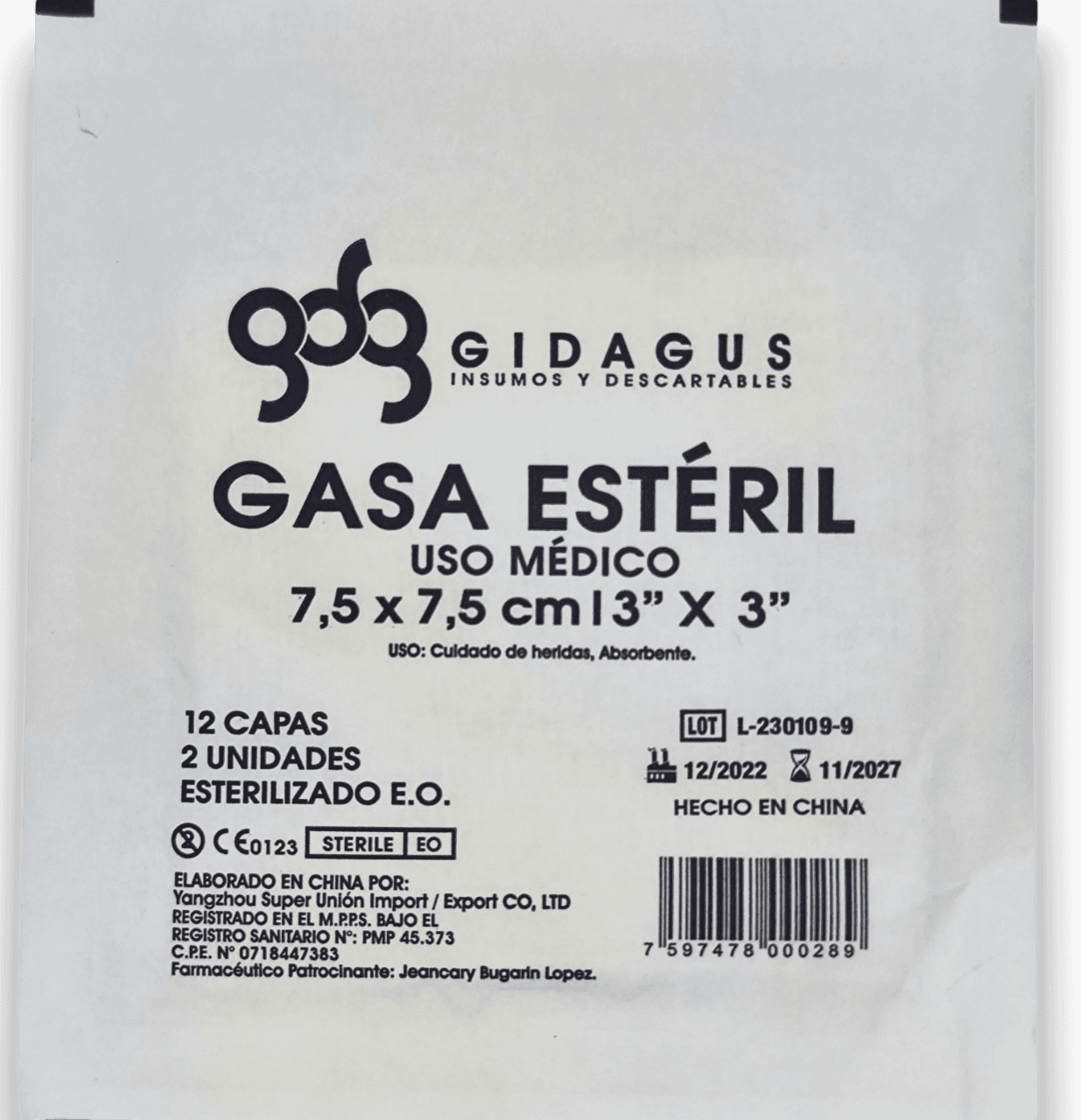 GASA ESTERIL 3X3 (7.5X7.5) GSG