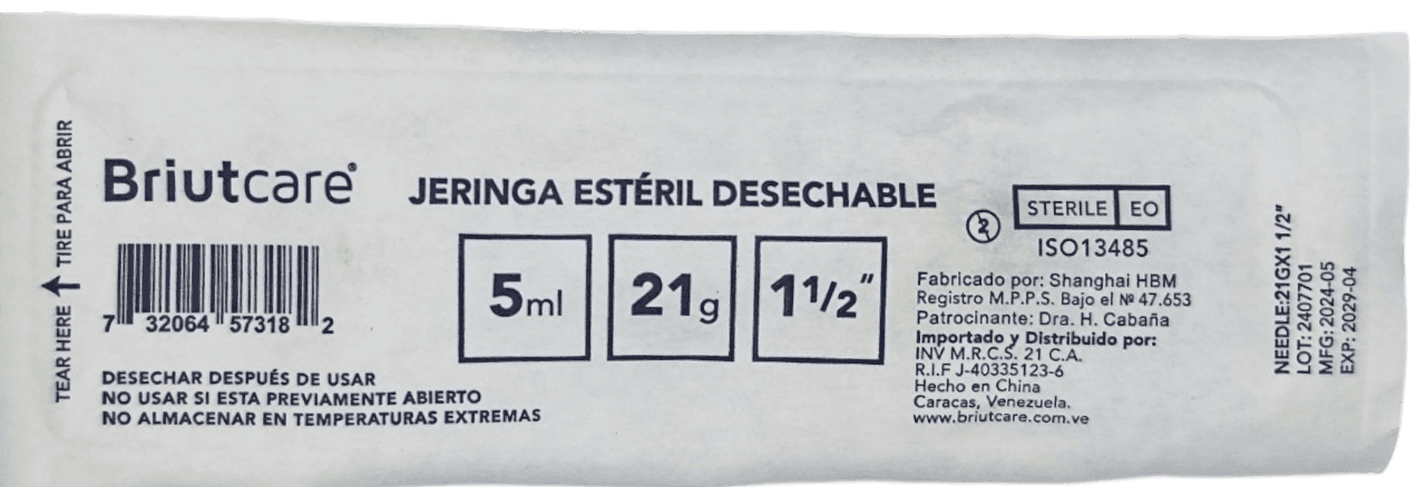 JERINGA 5ML C/ AGUJA 21 1/2 X 1 BRIUTCAR